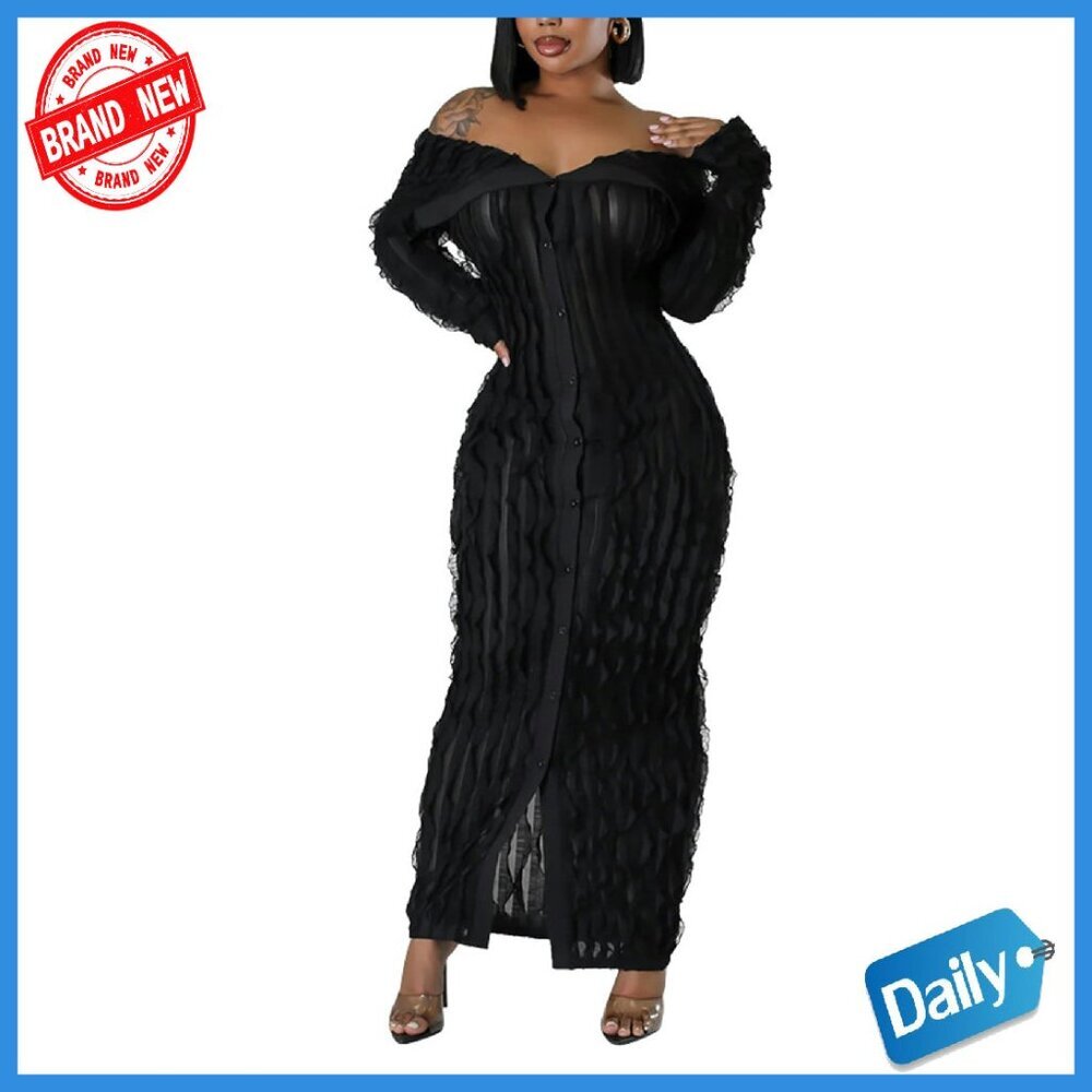 Maxi Off Shoulder Dress Long Sleeve Button Down Ruffle Mesh Bodycon